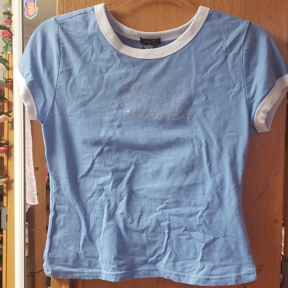 Rue 21 Angel Rhinestone Baby Blue Crop Top